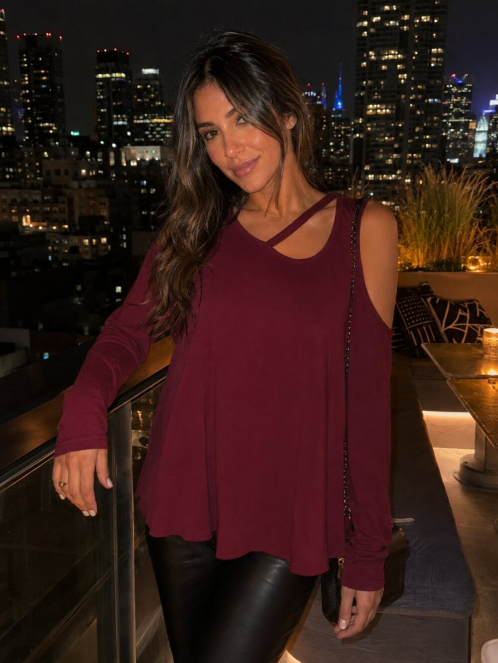 143 Story Top Medium Cold Shoulder Long Sleeve Deconstructed Neckline Wine Red